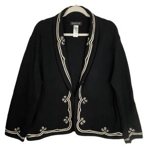 Jones New York 2X Black Knit Open Front Jacket Embroidered Trim Classic